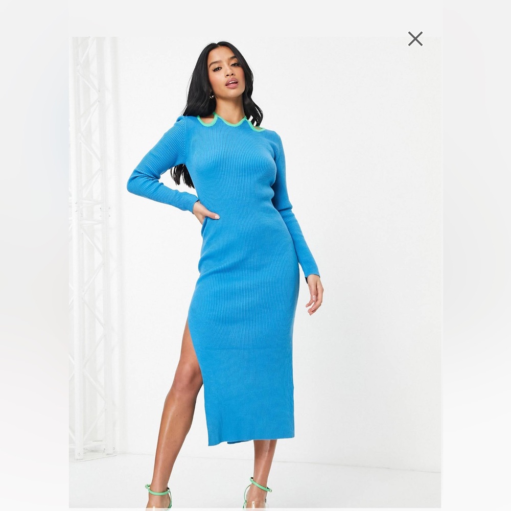 Knitted midi long sleeve slit dress with contrast green halter straps